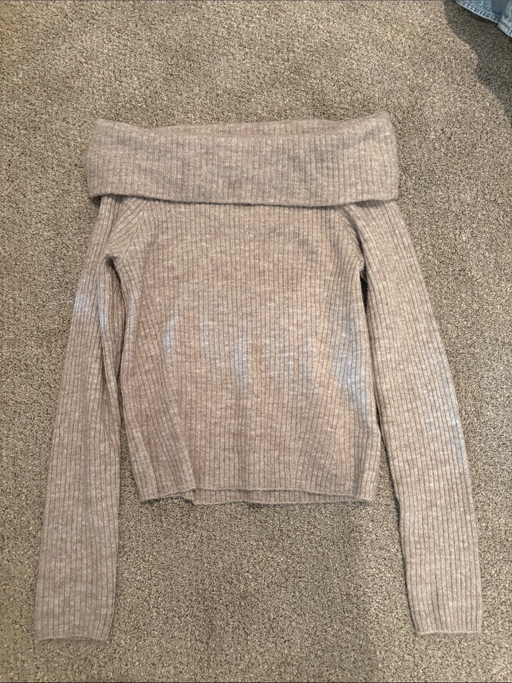 H&M Off-the-Shoulder Foldover Ribbed Sweater - Taupe